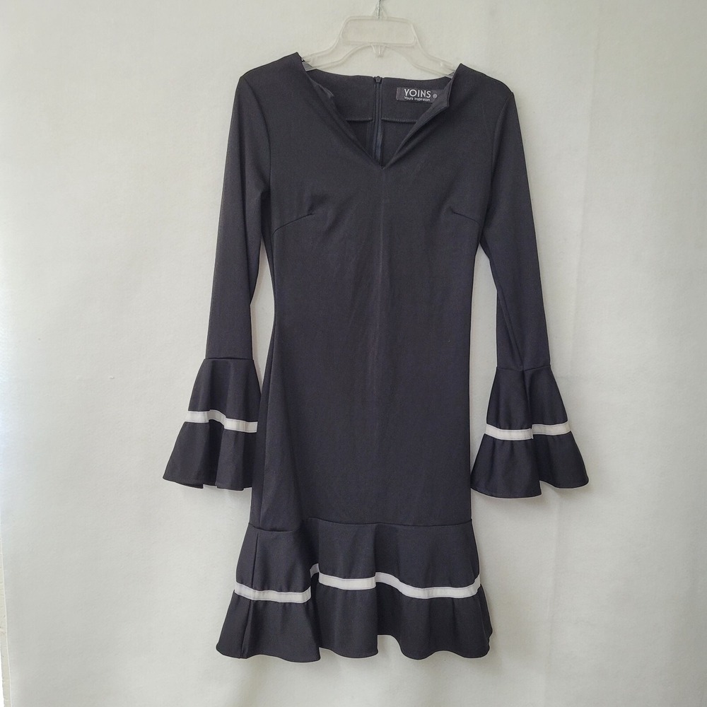 YOINS Black Bell Sleeve Ruffle Trim V Neck Dress Womens XS